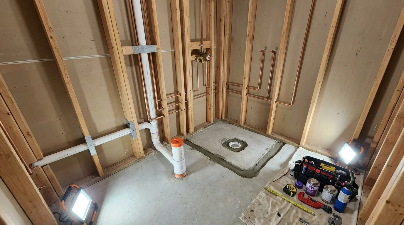 Bathroom rough-in plumbing during remodel by Johns Plumbing LLC in Shepherd