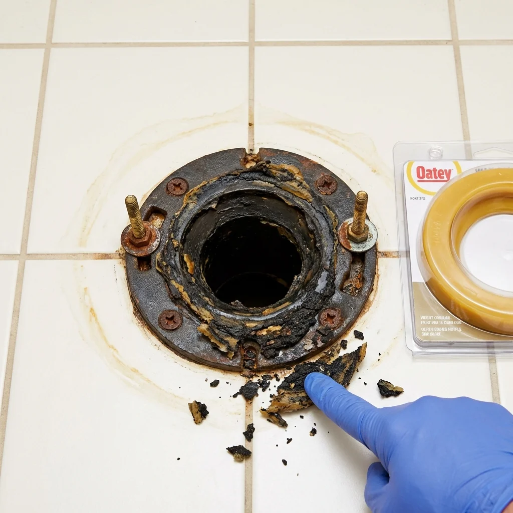 Failed wax ring showing water seepage at the base of a toilet in a Shepherd, TX home