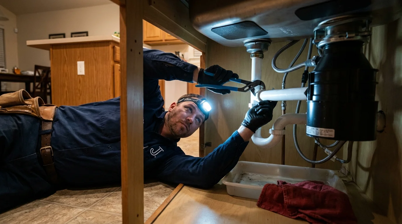 P-trap and supply line connections under a kitchen sink showing a common leak point in Shepherd, TX